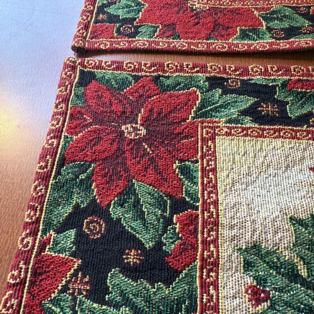 Vintage Christmas Tapestry Placemats Set Of 2 Holiday Cardinal Poinsettia Holly